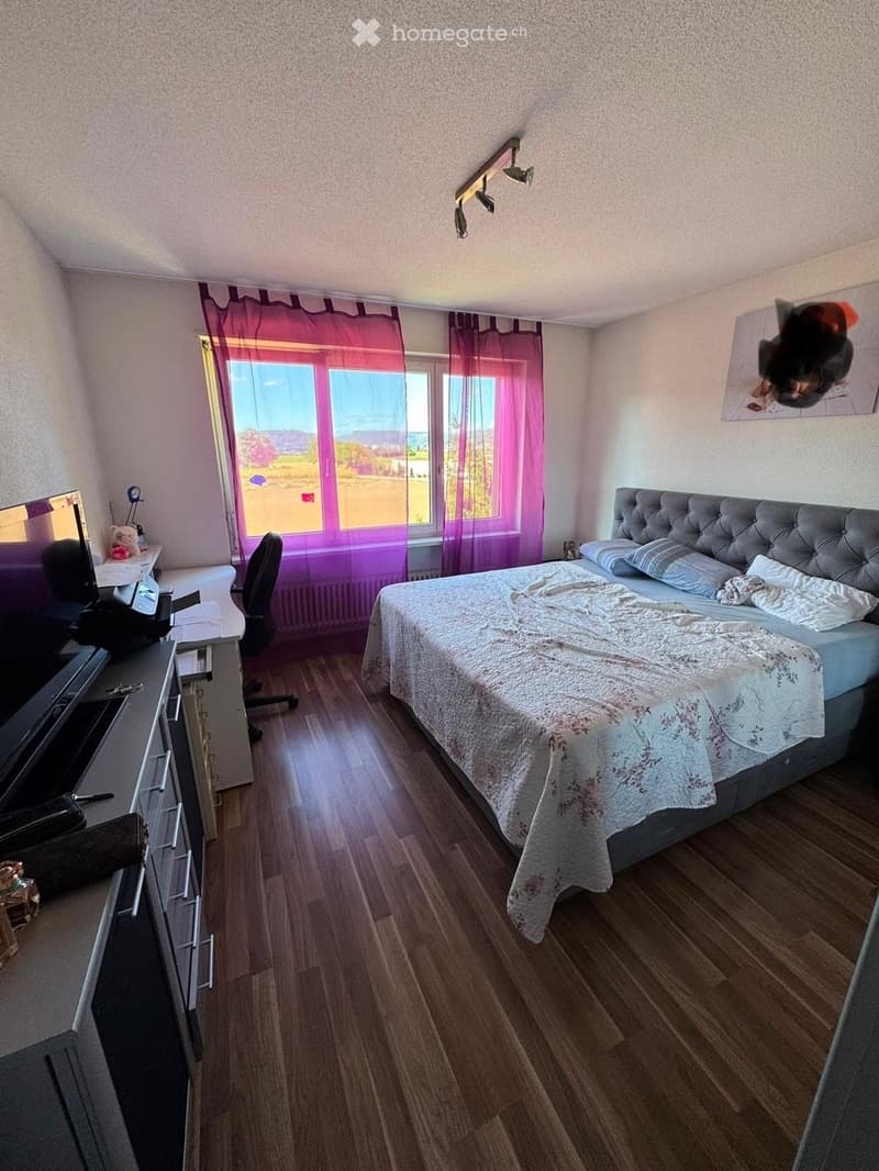 Bright bedroom with wooden flooring, large window with pink curtains, double bed with white bedding, desk with chair, and a TV screen on a stand.