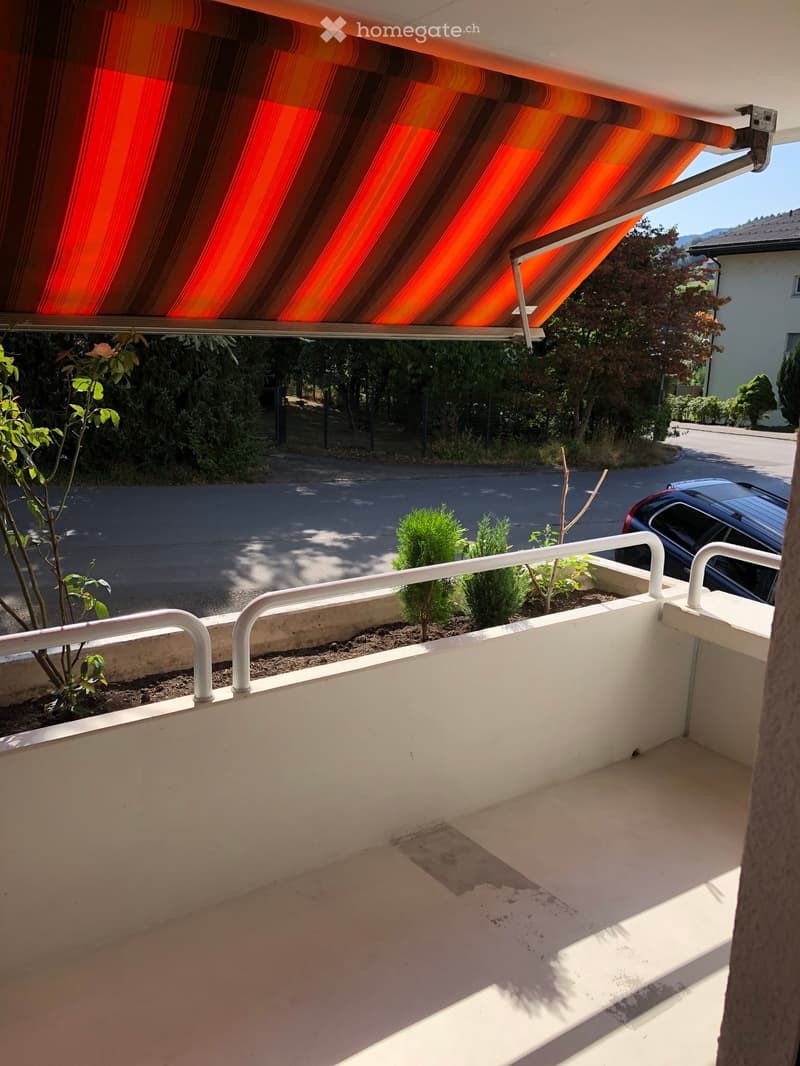 Balcony with white railings, small garden area with plants, and a retractable awning providing shade.