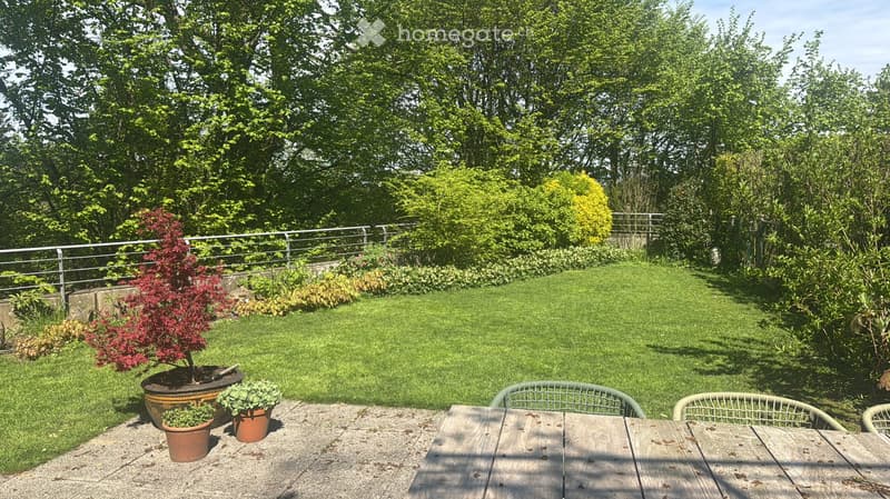 Well-maintained garden with a wooden table, wicker chairs, potted plants, and a metal railing overlooking a grassy lawn surrounded by trees.