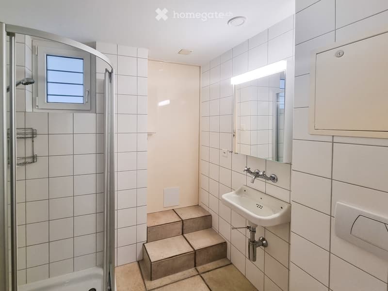 Modern bathroom with white tiled walls, a corner shower, a sink with a mirror, and built-in cabinets.