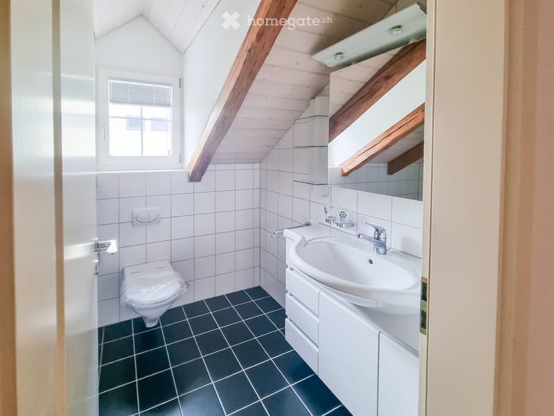 A small, modern bathroom with white tiled walls, a dark green tiled floor, a white sink with a chrome faucet, a toilet, and a mirror above the sink. The ceiling has exposed wooden beams and a skylight window.