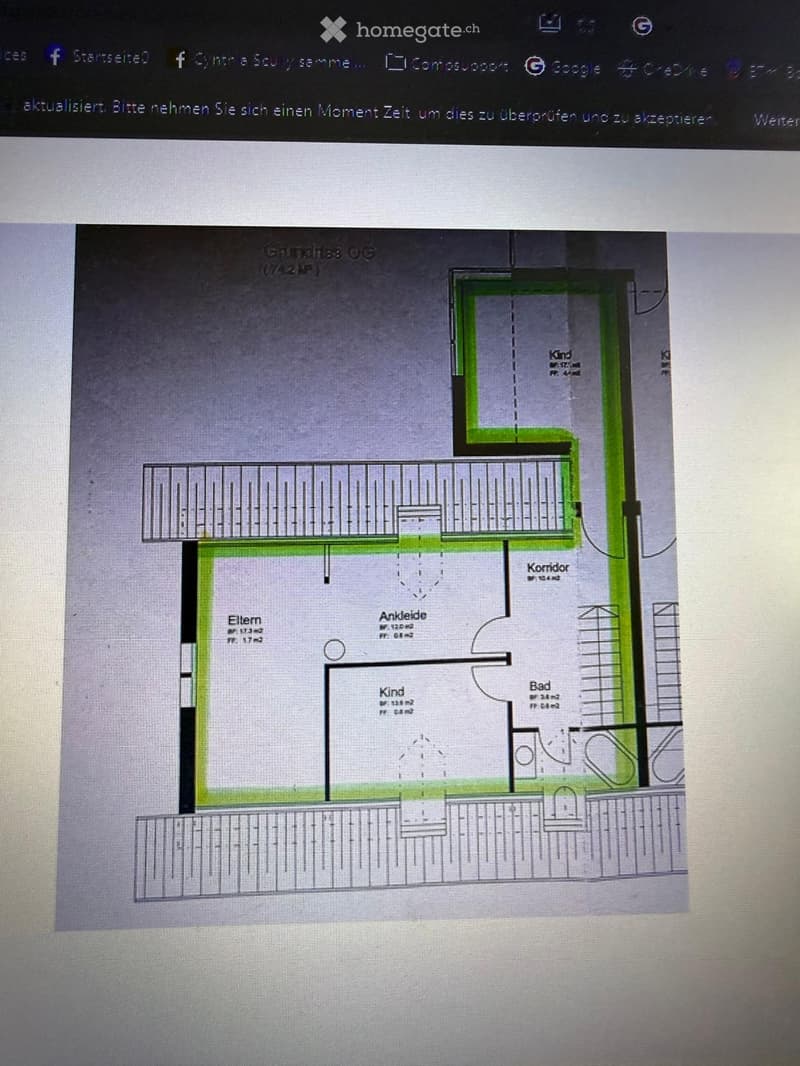 Floor plan of a house with labeled rooms including Eltern (parents), Kind (child), Bad (bathroom), Ankleide (wardrobe), and Korridor (hallway).