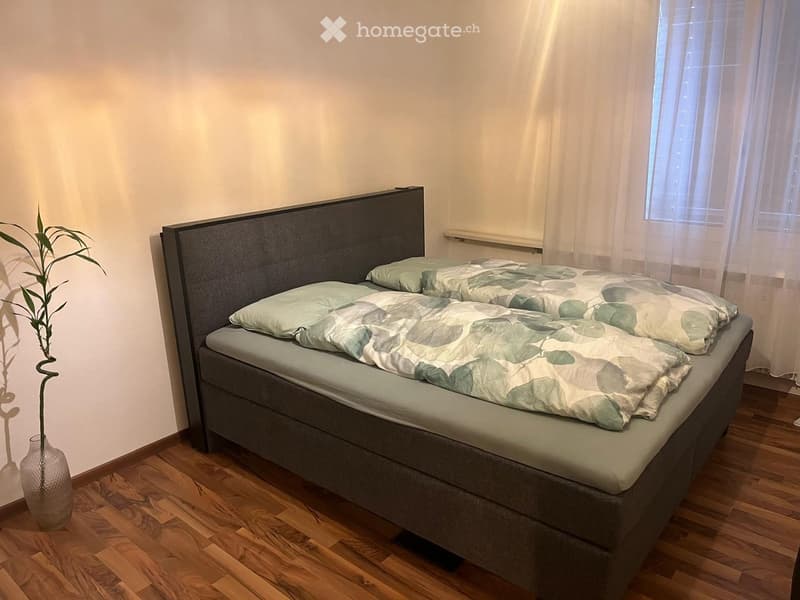 A well-lit bedroom with a wooden floor, a grey upholstered bed with a leafy green duvet and matching pillows, a grey headboard, and a decorative vase with a leafy plant on the floor near the window.