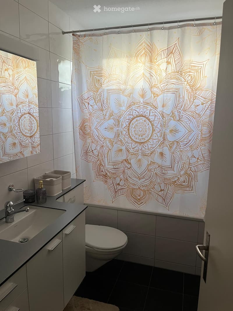 Modern bathroom with a white tiled shower area, decorative shower curtain, sink with faucet, toilet, and a small cabinet with toiletries.