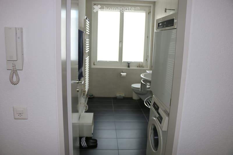 Modern bathroom with a toilet, sink, washing machine, and a telephone mounted on the wall. The space is well-lit with a large window and tiled flooring.