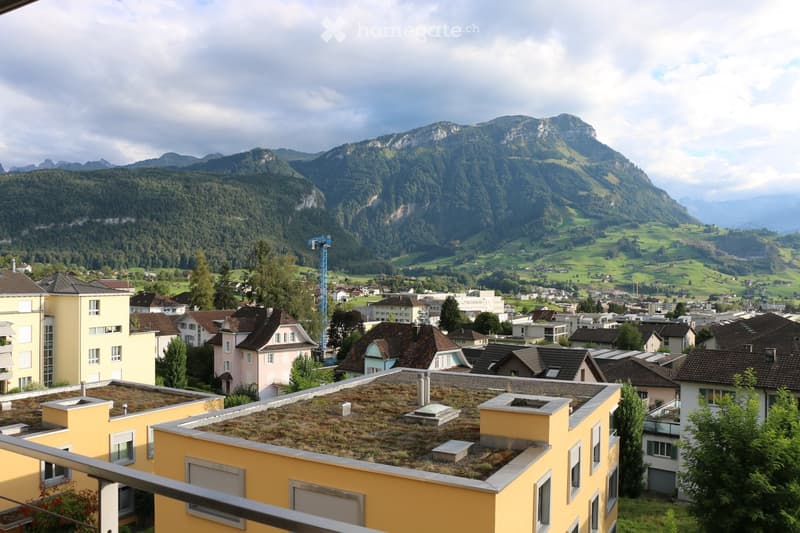 View from a balcony or terrace overlooking a town with houses, green fields, and distant mountains under a partly cloudy sky.