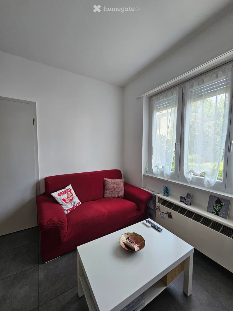 A modern living room with a red sofa, white coffee table, and large windows with white curtains. The room features a grey floor and white walls.