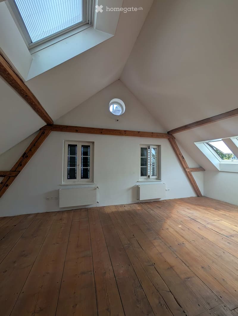 Empty attic room with wooden floors, exposed wooden beams, and multiple windows including a skylight. Radiators are present along the walls.