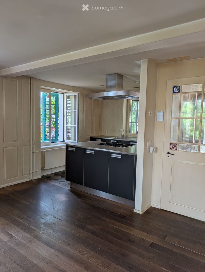 Modern kitchen with dark cabinets, stainless steel stove, range hood, and sink. Features wooden flooring and large windows with open doors leading outside.
