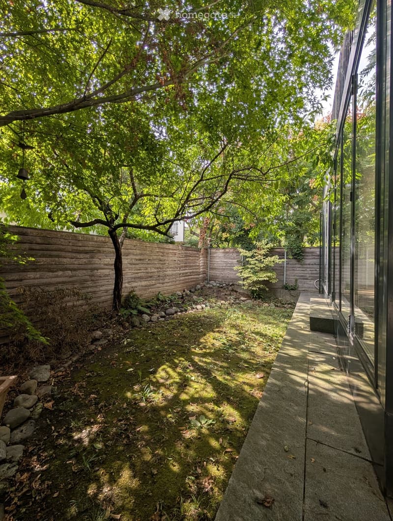 A serene garden area with a moss-covered ground, a wooden fence, a tree, and a concrete pathway leading to a glass-walled structure.