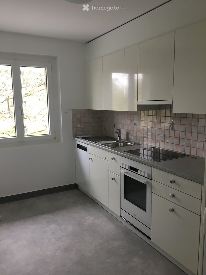 Modern kitchen with white cabinets, stainless steel sink, oven, and dishwasher. Light-colored tiles on backsplash and grey carpeted floor.