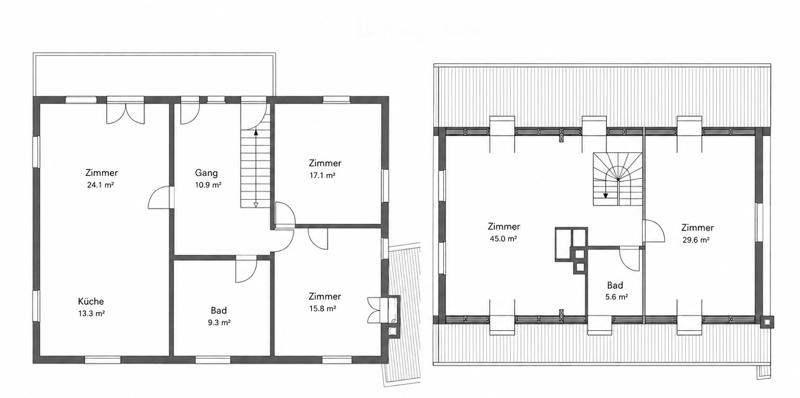 Floor plan of two apartments: one with a kitchen, bathroom, three bedrooms, and hallway; the other with a large living space, bathroom, and two bedrooms.