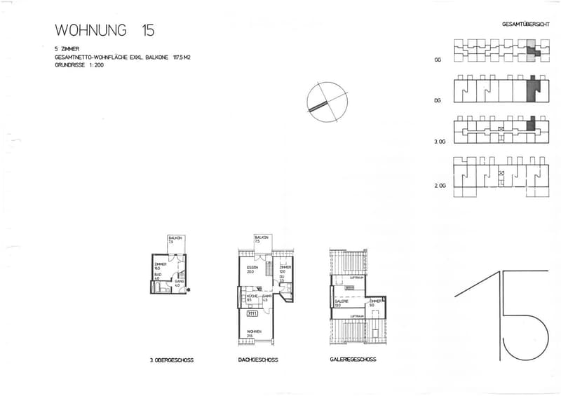 Floor plan of a 5-room apartment with 117.5 m² net area excluding balcony, showing layout across three levels: ground floor, first floor, and attic.