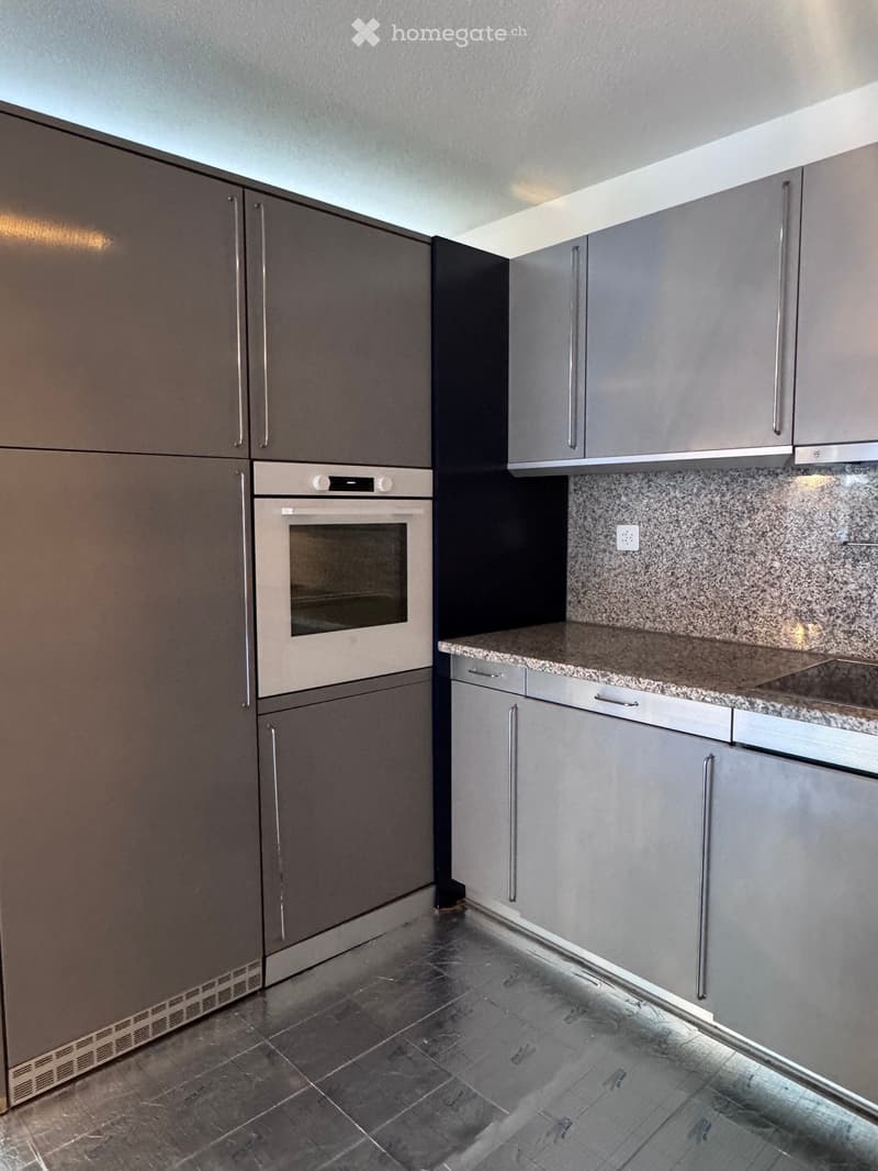 Modern kitchen with grey cabinets, a built-in oven, and a granite countertop.