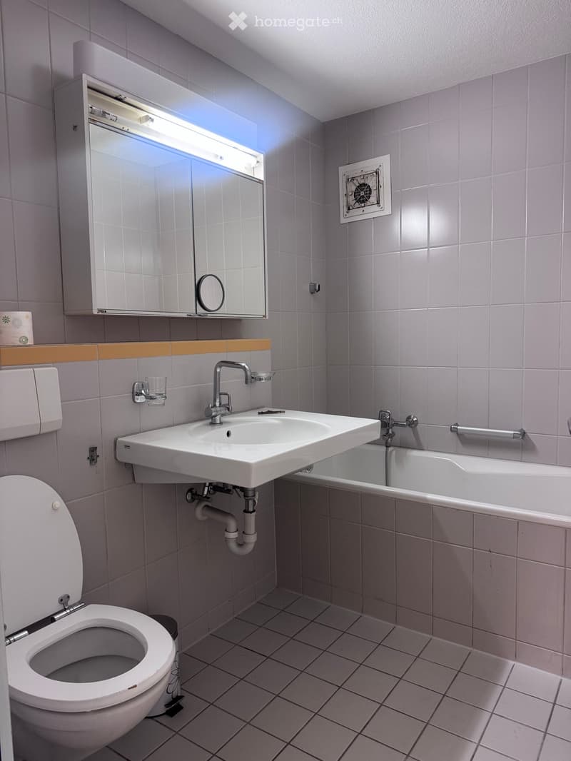 Modern bathroom with white tiles, a toilet, a sink with a faucet, a bathtub, a mirror cabinet, and a toilet paper holder. The room features a sleek design with a built-in shelf and a small window above the sink.
