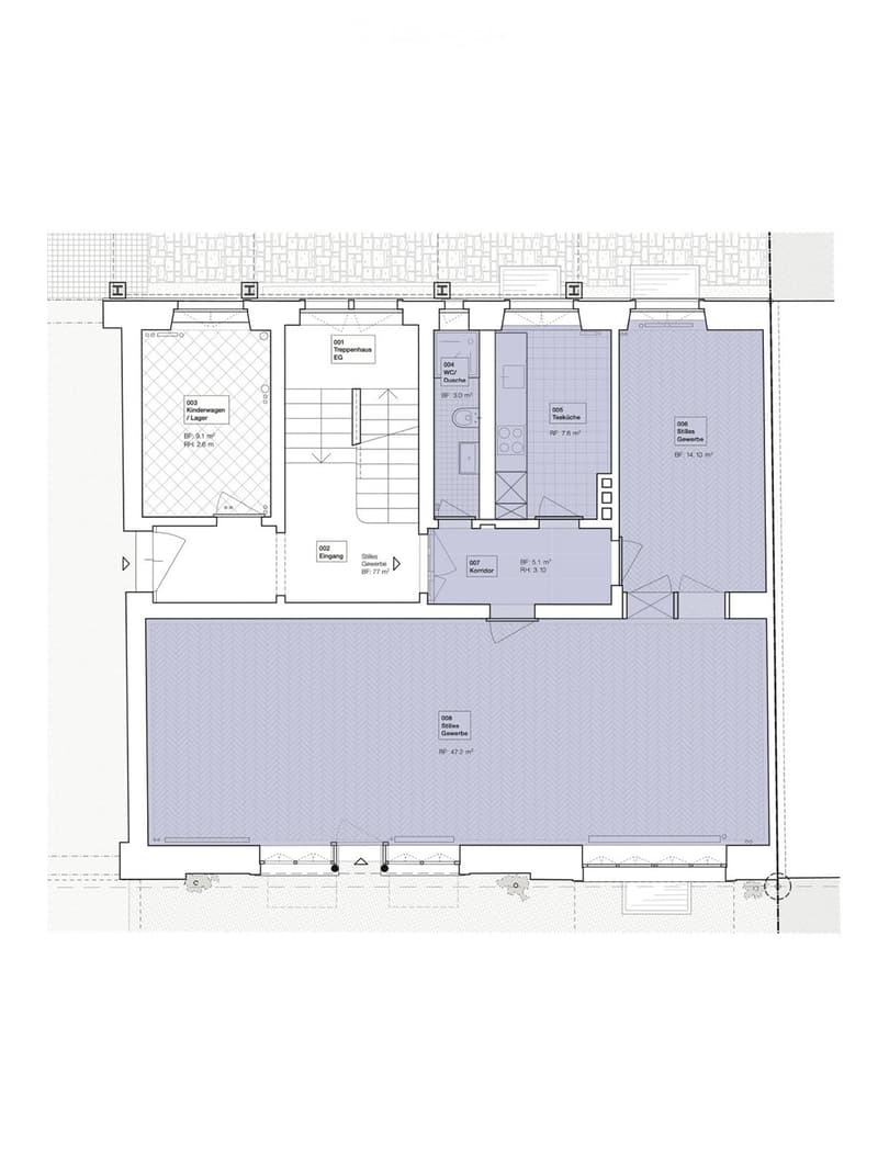 Ground floor layout showing a staircase, entrance, storage, WC/shower, technical room, quiet commercial space, corridor, and large quiet commercial area.