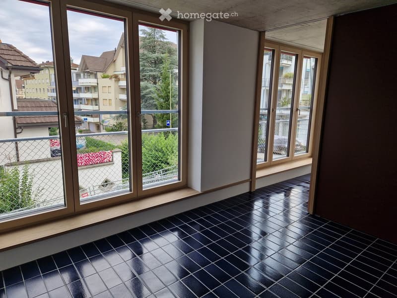 Empty room with large windows and black tiled floor, overlooking a residential area with buildings and greenery.
