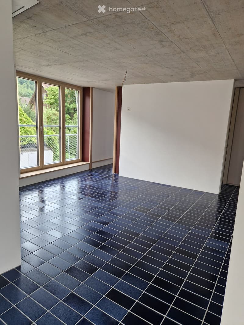 Empty room with dark blue tiled floor, white walls, and large windows with a view of greenery outside.