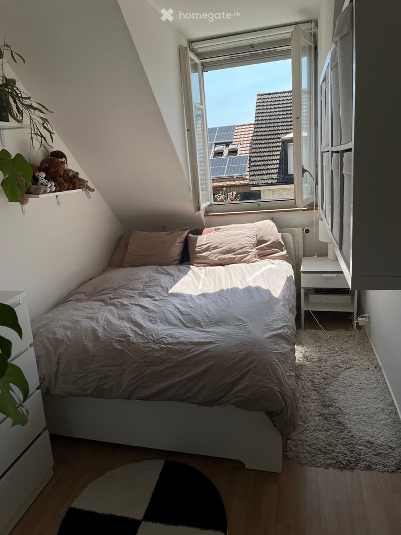 Cozy attic bedroom with a slanted ceiling, a bed with beige bedding, a nightstand with a lamp, a fluffy rug, and a plant on a shelf.