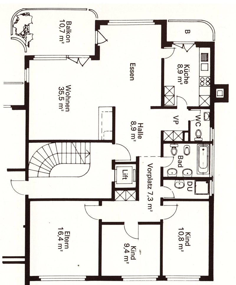 Floor plan of a residential unit with a balcony, kitchen, living room, dining area, hallway, two bedrooms, and a bathroom.