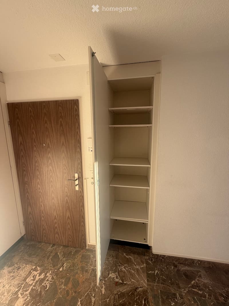 Empty room with a wooden door and built-in shelving unit. The floor is made of polished marble tiles.