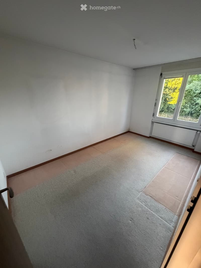 Empty room with white walls, carpeted floor, and a window with a view of greenery.