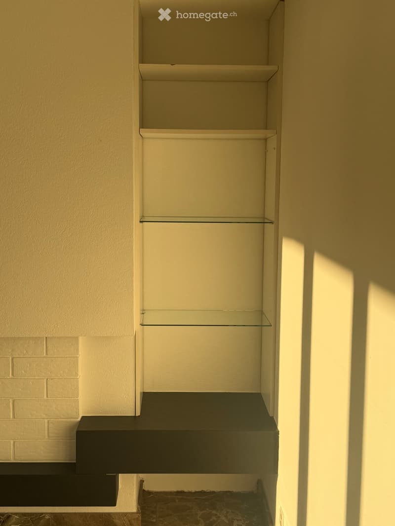 Empty room with built-in shelves and a dark-colored bench, featuring a brick wall and light-colored walls.