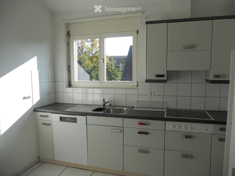Modern kitchen with white cabinets, stainless steel sink, dishwasher, and stove. Natural light from a window illuminates the space.