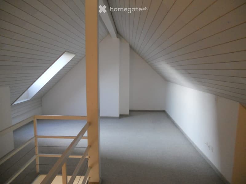 Empty attic space with wooden slatted walls and ceiling, carpeted floor, and a small skylight window providing natural light.