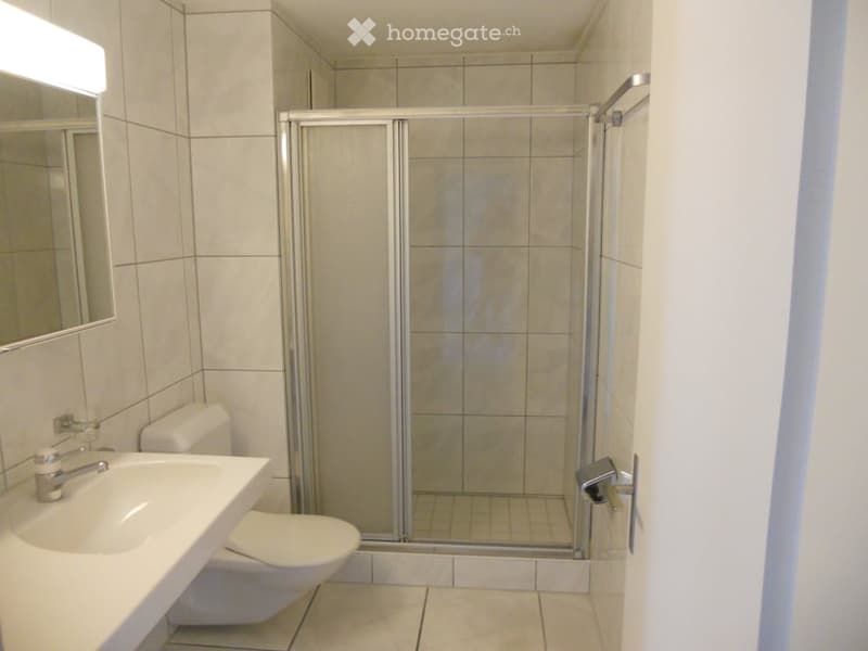 Modern bathroom with a white sink, toilet, and a glass-enclosed shower. The walls and floor are tiled in neutral tones, and a mirror is mounted above the sink.