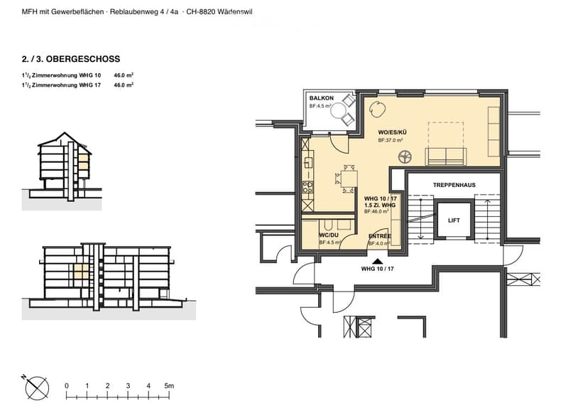 Floor plan of a multi-unit building showing two apartments on the upper floor, including a balcony, entrance, staircase, and lift.