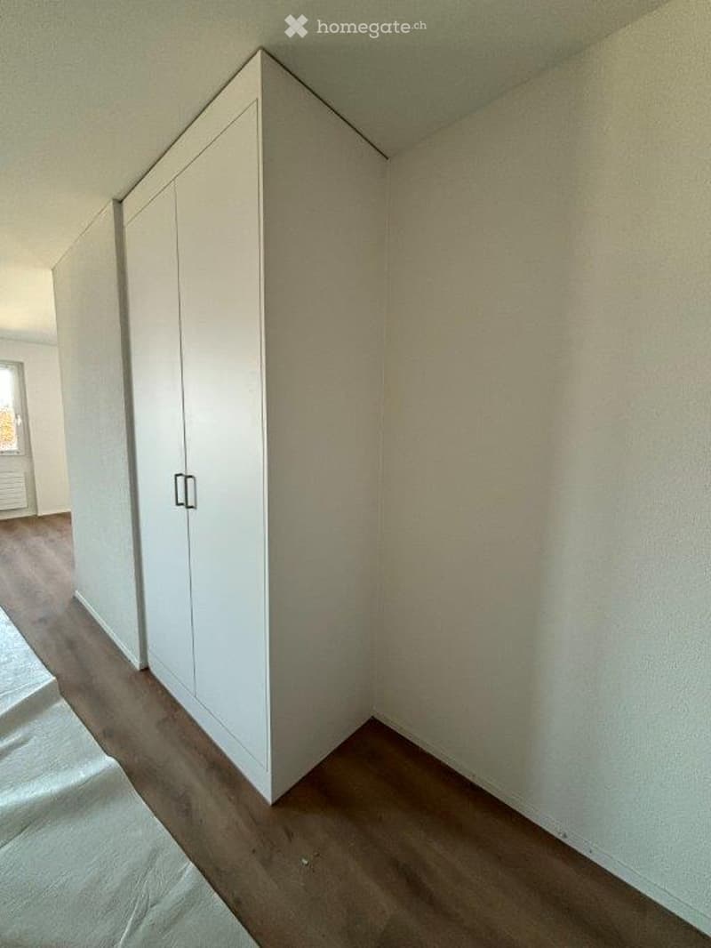 Empty room with light-colored walls, wooden flooring, and white built-in wardrobes.
