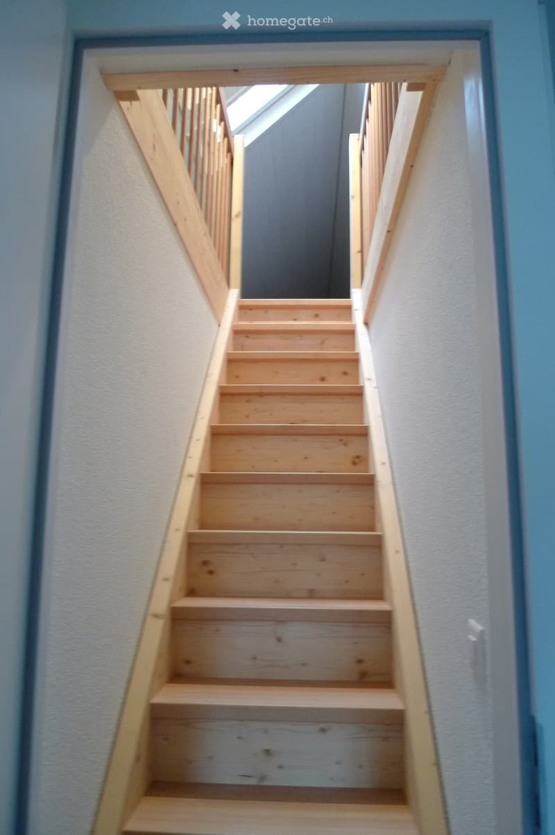 Wooden staircase with a skylight at the top, light-colored walls, and a narrow, modern design.