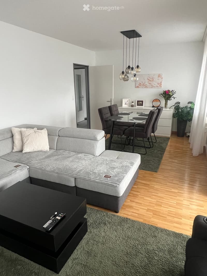 Modern living and dining area with a grey sectional sofa, black coffee table, glass dining table with four chairs, pendant lighting, and decorative items including a plant and picture frames.