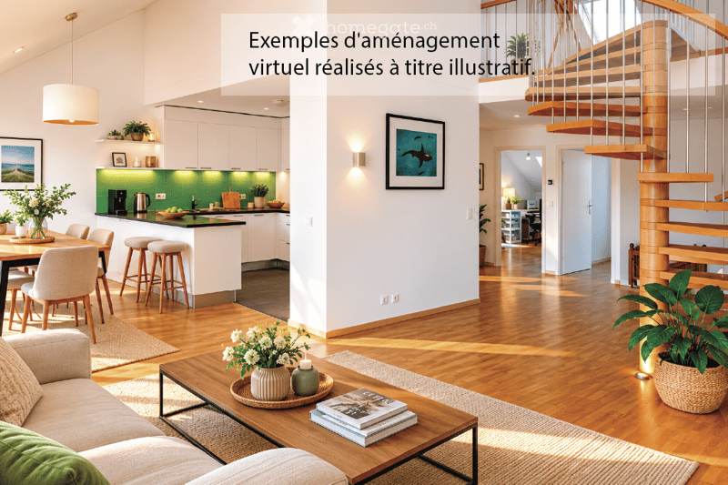 Open-plan living and dining area with a sofa, coffee table, books, vase, and a dining table with chairs. A kitchen area features a kitchen island, stools, and a coffee machine. A staircase leads to an upper level.