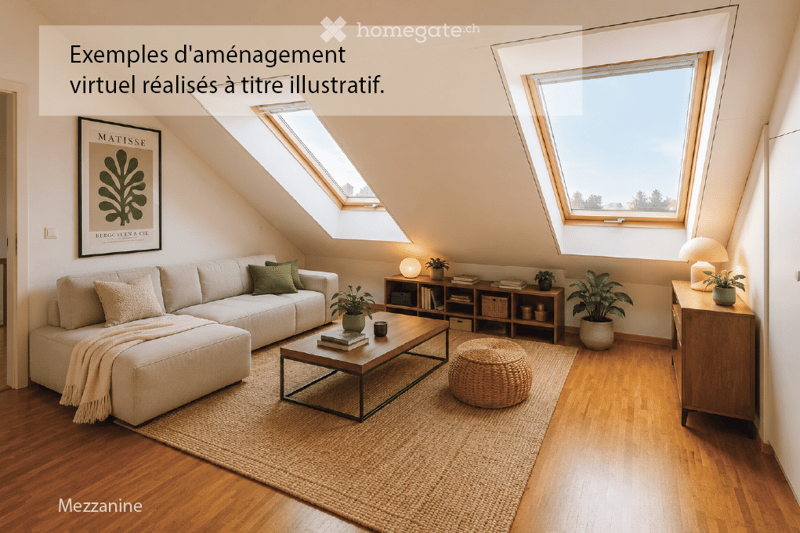 Bright living room with wooden flooring, large skylights, a white sectional sofa, coffee table, ottoman, side table, bookshelf, floor lamp, potted plants, and a picture frame on the wall.