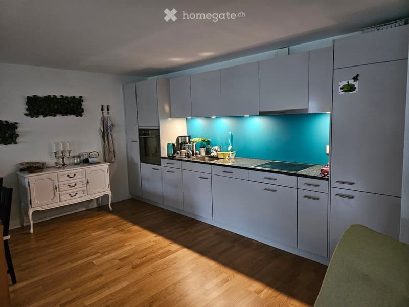 Modern kitchen with light grey cabinets, a turquoise backsplash, and a wooden floor. Features include an oven, sink, coffee maker, and decorative items on a sideboard.