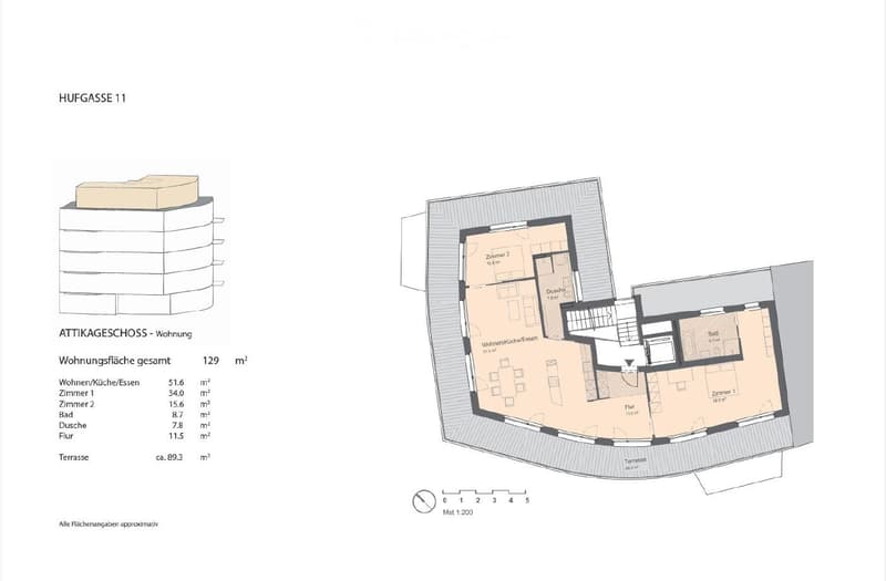 Floor plan of an attic apartment with living/kitchen/dining area, two bedrooms, bathroom, shower, hallway, and terrace.