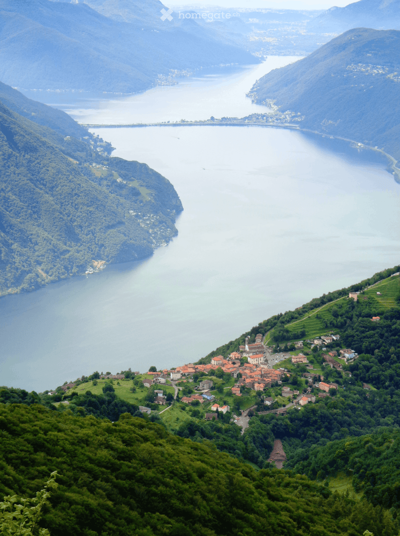 A panoramic view of a serene lake surrounded by lush green hills and mountains, with a small village nestled on the hillside near the water's edge.