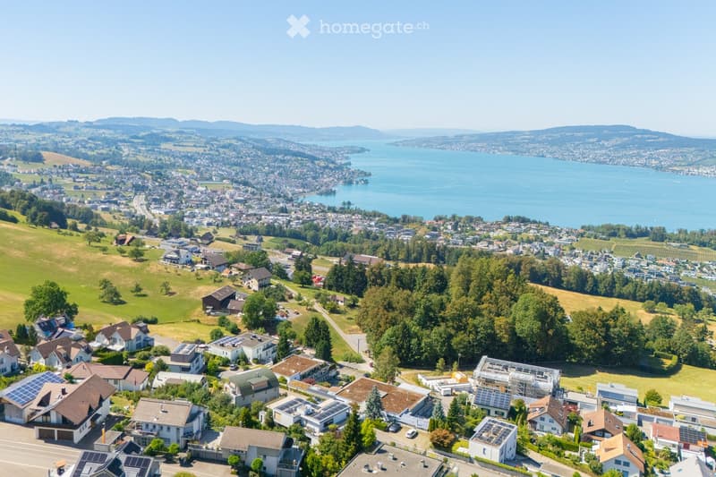 Aerial view of a suburban neighborhood with numerous houses, green spaces, and a large body of water in the background.