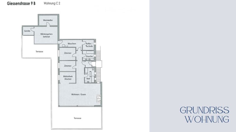 Floor plan of apartment C2 showing living/dining area, kitchen/library, two bedrooms, bathroom, shower, laundry, cellar/technical room, wine cellar, winter garden, and terrace.