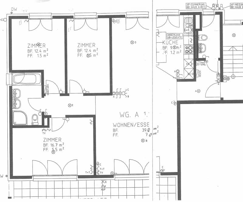 Floor plan of a residential unit showing a living/dining area, three bedrooms, a kitchen, and a bathroom. Includes labeled dimensions and room designations.