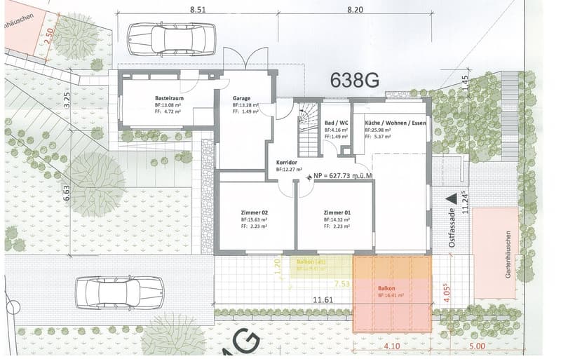 Floor plan of a residential unit labeled 638G, including a kitchen/living/dining area, bathroom/WC, two bedrooms, hallway, utility room, garage, and outdoor balcony.