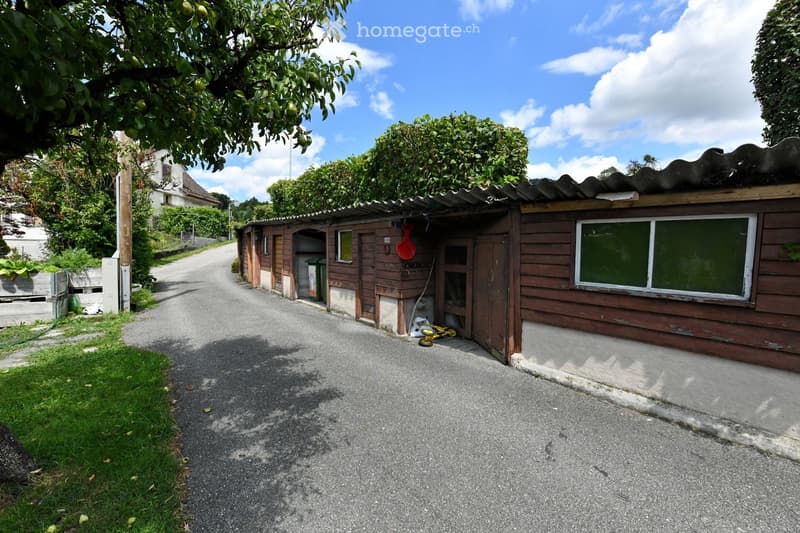 A wooden shed with a slanted roof and a small window, situated on a gravel driveway surrounded by greenery and trees.
