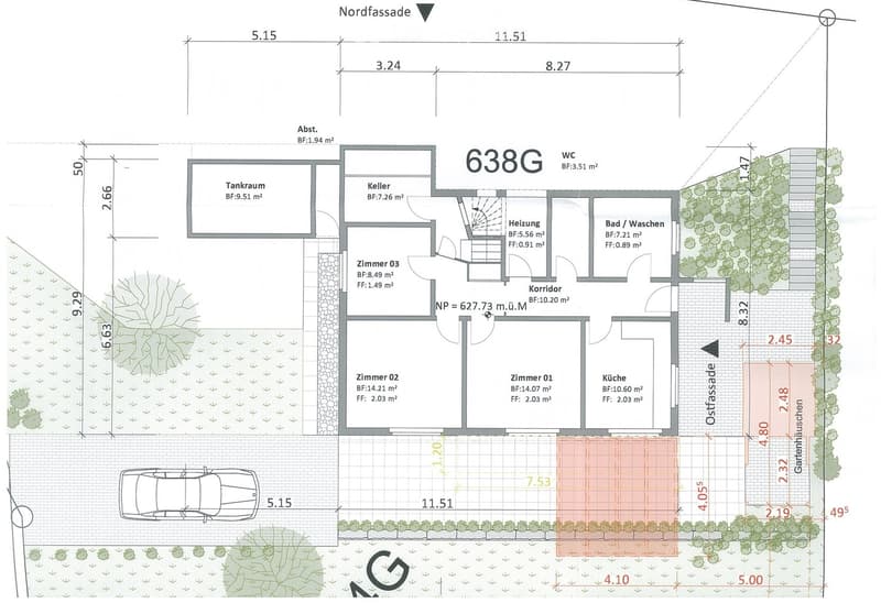 Floor plan of a residential unit labeled 638G, showing a layout with a kitchen, three bedrooms, a bathroom, a hallway, a heating room, a cellar, and a storage room. The plan includes measurements and labels for various areas and includes a parking space o
