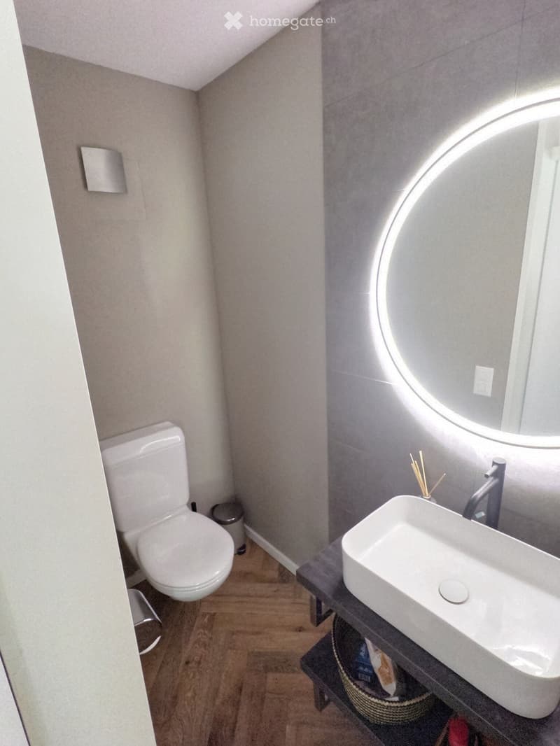 Modern bathroom with a white toilet, a white sink with a modern faucet, a round mirror with a built-in light, and a small trash can. The floor is wooden, and the walls are light grey.