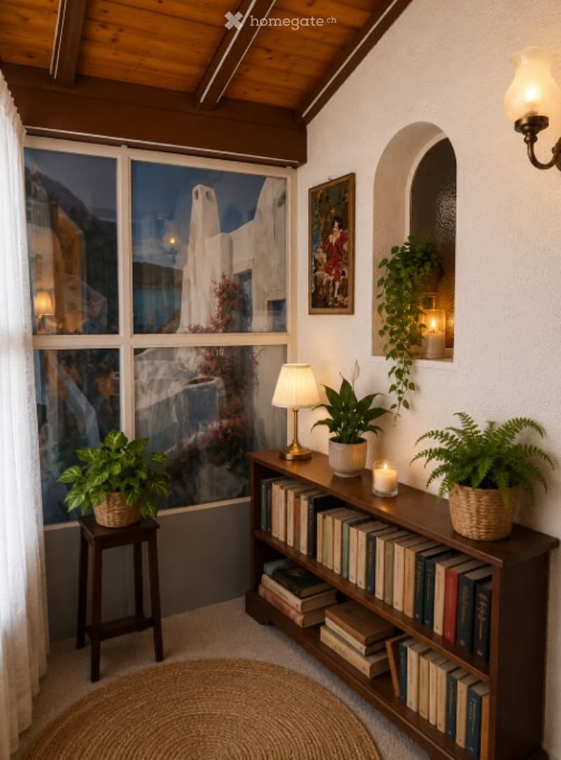 Cozy reading nook with a wooden bookshelf filled with books, a table lamp, potted plants, a small round rug, and a candle on the shelf.