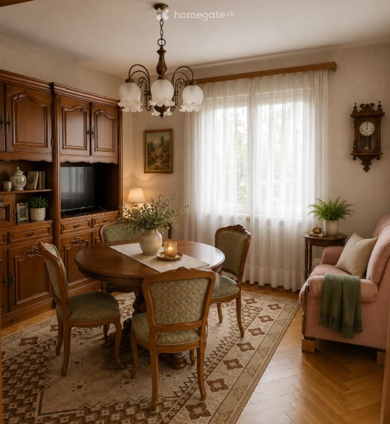 A well-furnished room with a round wooden dining table surrounded by six chairs, a pink sofa with throw pillows, a wooden cabinet with a TV, a chandelier, and decorative plants.
