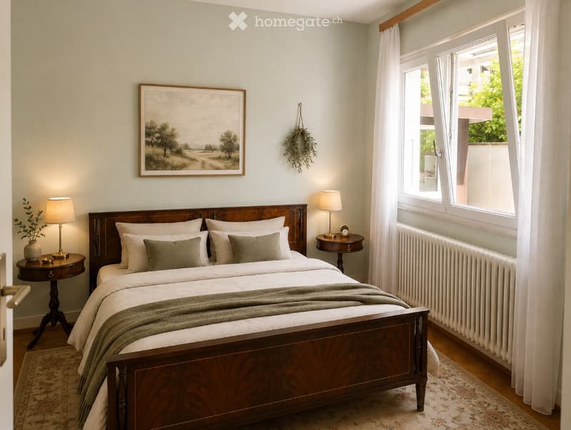 Cozy bedroom with a wooden bed, nightstands, lamps, a picture frame, and a small side table with a vase.