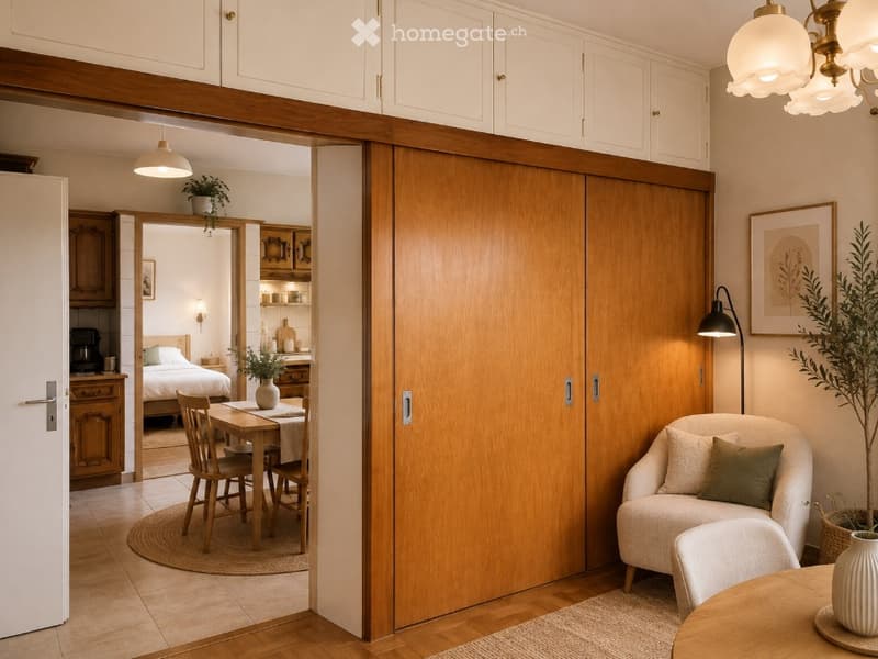 A modern, open-concept living and dining area with a white sofa, wooden dining table, and a cozy bedroom visible through an open doorway. The space features warm wood tones, built-in cabinets, and decorative plants.